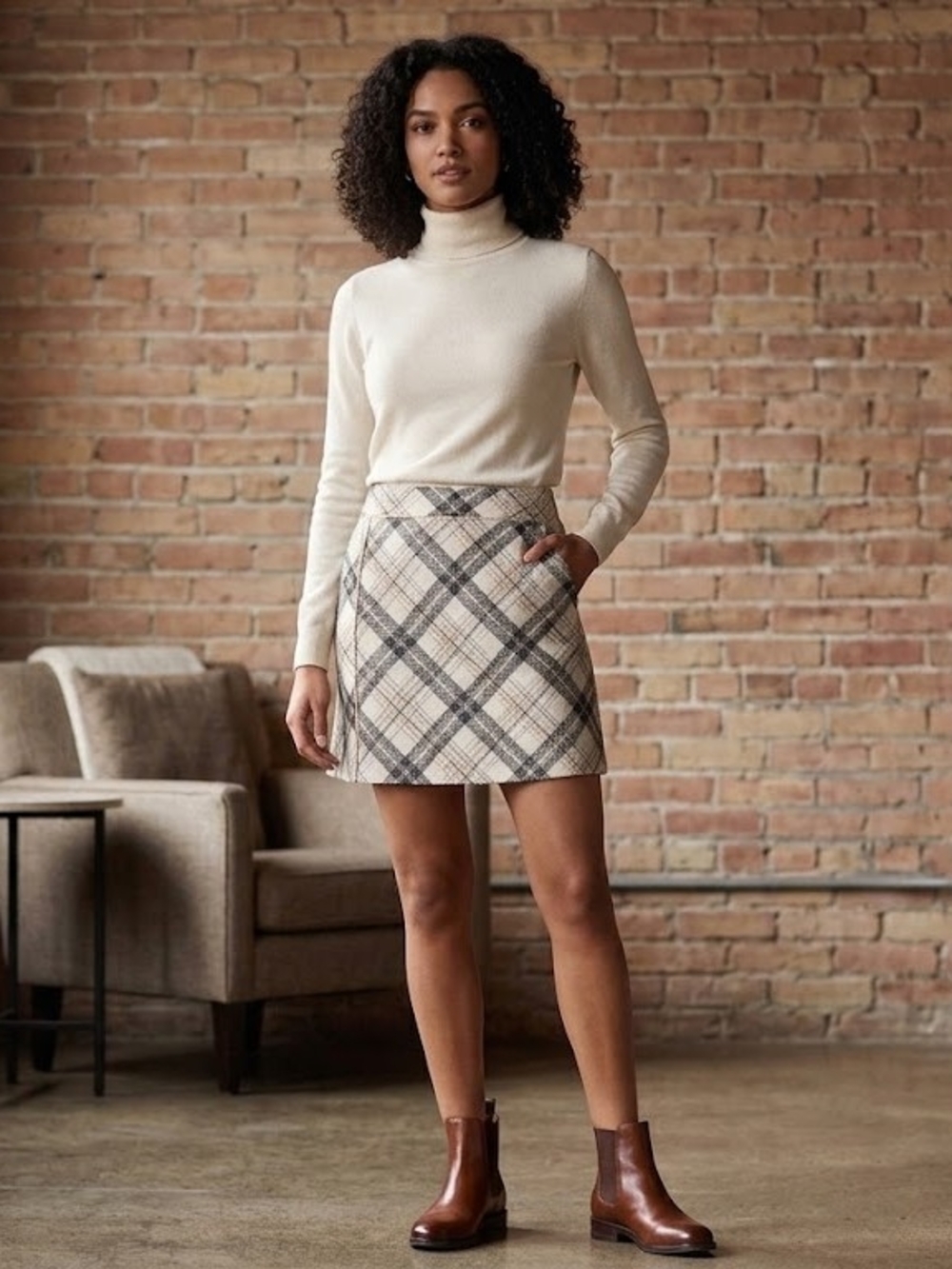 LOFT Cream and Gray Plaid Mini Skirt
